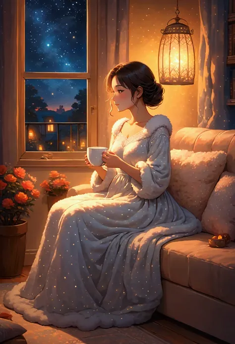 Cozy night scene of a woman in a fluffy dress, sitting on a soft sofa and holding a warm mug in her hand. The rooms are softly lit with warm lighting, creating a relaxing and cozy atmosphere. A calm starry sky spreads out outside the window, creating a spa...