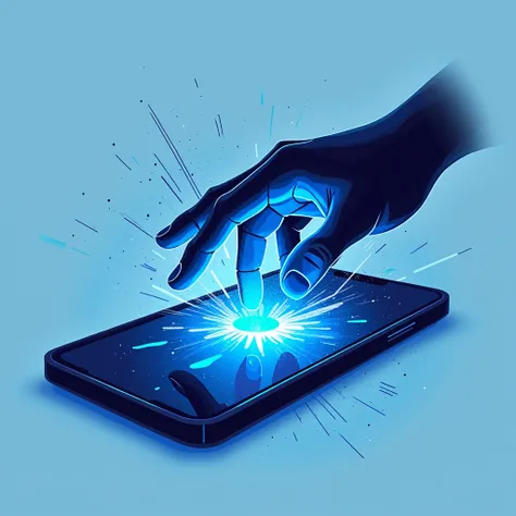 A logo of a hand or fingers swiping across a smartphone screen, with a soft splash of neon blue color.