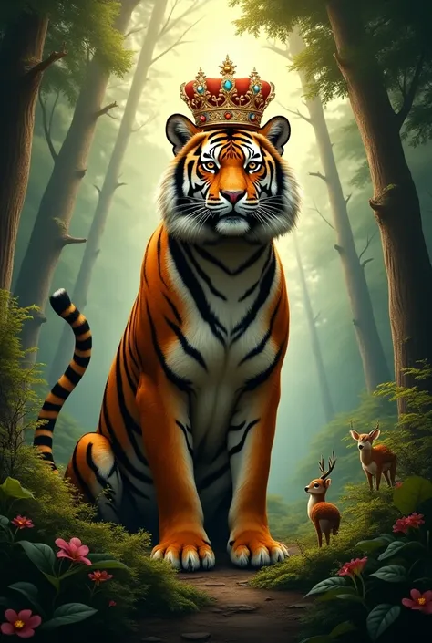 Tiger with crown and  forest all animals 