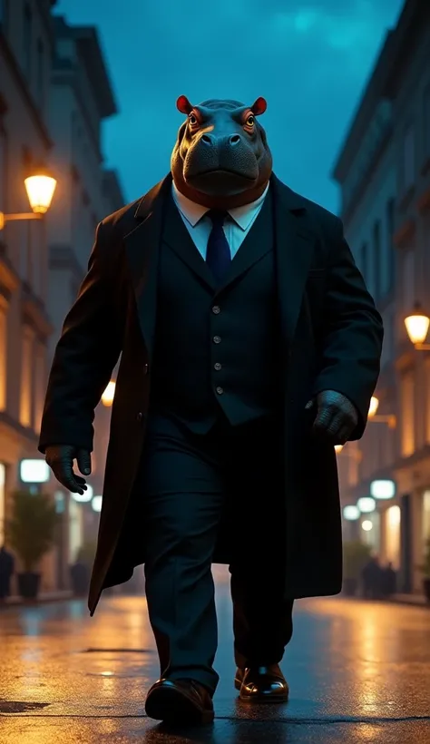 On a mysterious and sophisticated night, under a deep, dark blue sky,  illuminated by soft headlights and street lamps that emit a golden light ,  a humanoid hippopotamus in a black suit walks with an impressive presence through the quiet sidewalks of a mo...