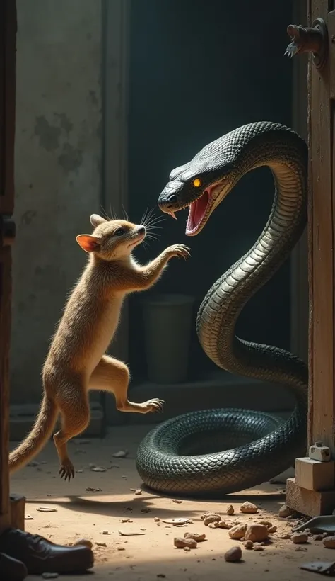 Character 1 (Raju, the mongoose): A brown mongoose, with sharp, focused eyes. Its fur is slightly ruffled, and it is mid-leap, its body stretched out as it jumps onto the king cobra. Its teeth are visible, and it appears determined and fierce in protecting...