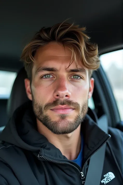 The image shows a young man in a selfie taken inside a car. He has short brown hair, combed upwards and styled slightly tousled. His face shows a short, well-groomed dark blonde beard. He is dressed in a black jacket that appears to be from the North Face ...