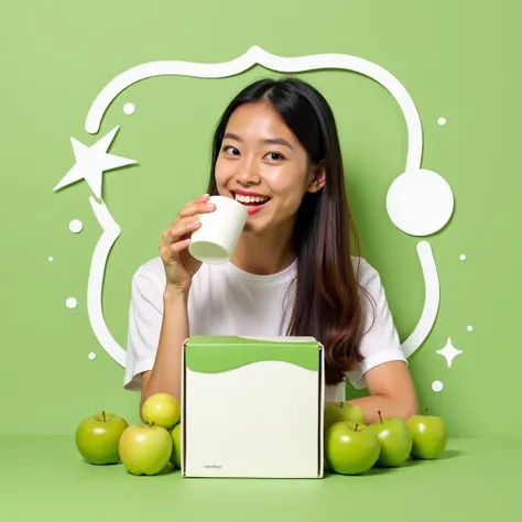  A smiling  in the foreground drinking a yogurt in a rectangular box , surrounded by visual elements that transmit energy and vitality , with green apples all around them and dynamic green and white graphics, make it as simple as possible.