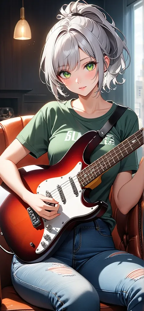 Ultra high resolution, rich colors, perfect image, top quality, detailed image, beautiful woman, glowing skin, skin and clothing texture, delicate eyes, living room, sitting in chair, holding electric guitar, T-shirt, breasts, jeans, (((silver hair wavy sh...