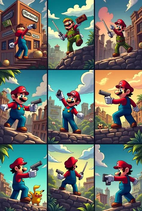 
  Nintendo: past, present and future at the heart of gaming
A comic book style image 6 images in a single image
 