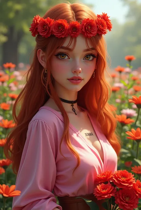 A beautiful young women round face cut and skin tone fair small nose and small light pink lips straight red long hairs and tatoo on our neck written xena standing in flwers garden and wearing pink stylish tshirt  and carry red flowers crown