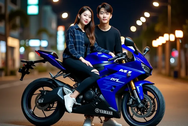 A 30 year old Korean couple is holding a 2 superbike YAMAHA M1  color blue and black ,in city of Jogja wearing flannel style clothes with black pencil pants with a variation of a tear on the knee wearing sneakers with a dark background of the beautiful cit...