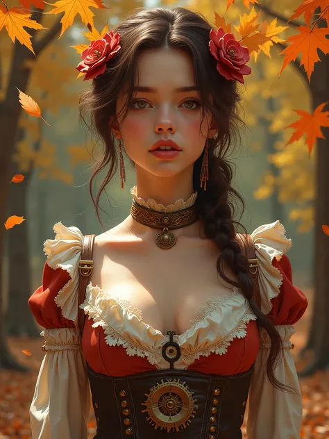 (Masterpiece, photorealistic) steampunk autumn girl. Age 20. European. 44d round natural perky breasts.Fauvisme paint style. Falling autumn oak leaves.