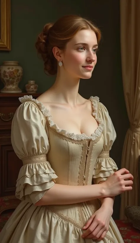 Hyper realistic female housewife of the year 1800, wearing period clothing  