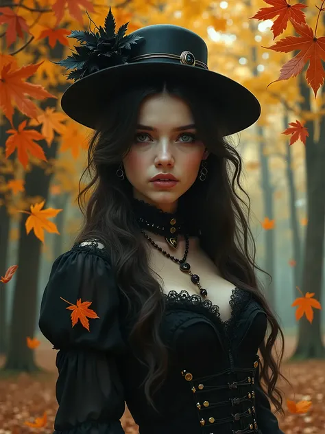 (Masterpiece, photorealistic) steampunk autumn goth girl. Age 20. European. 44d round natural perky breasts.Fauvisme paint style. Falling autumn oak leaves.