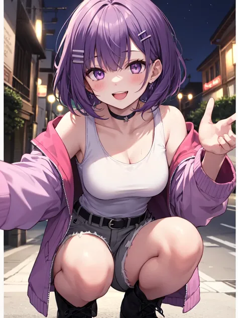  1 girl, solo, Purple Hair, Bob Hair, Beautiful breasts, medium breasts, white tank top,Grey shorts,Black belt, black choker, hair clips,Pink jacket,Slanted Eyes, Light purple eyes, is laughing,happiness/joy,  seductive smiles from all around,  squatting,R...