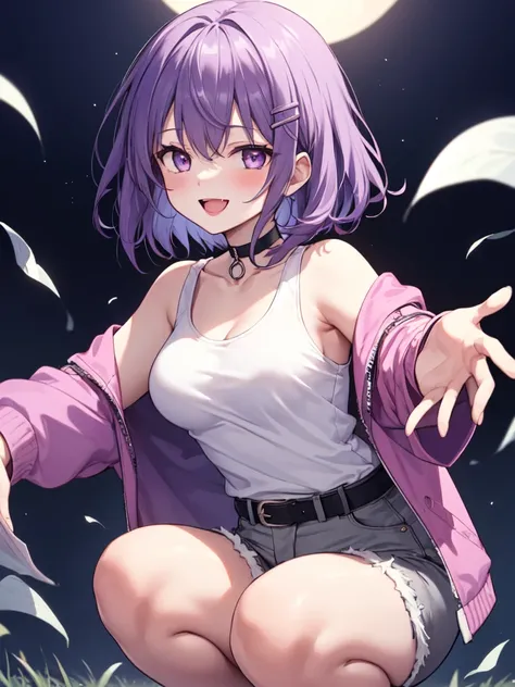  1 girl, solo, Purple Hair, Bob Hair, Beautiful breasts, medium breasts, white tank top,Grey shorts,Black belt, black choker, hair clips,Pink jacket,Slanted Eyes, Light purple eyes, is laughing,happiness/joy,  seductive smiles from all around,  squatting,R...