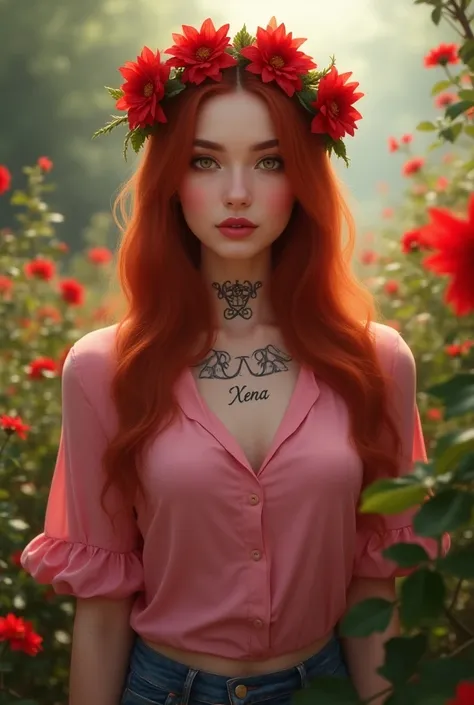 A beautiful young women round face cut and skin tone fair small nose and small light pink lips straight red long hairs and tatoo on our neck written xena standing in flwers garden and wearing pink stylish tshirt  and carry red flowers crown