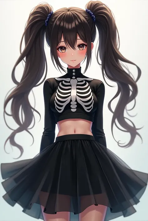  Anime girl with long dark brown hair, with two high ponytails ,  she is wearing a skeleton crop top and a black tutu-like skirt 