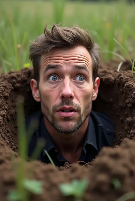 A man buried in the ground just pops his head out