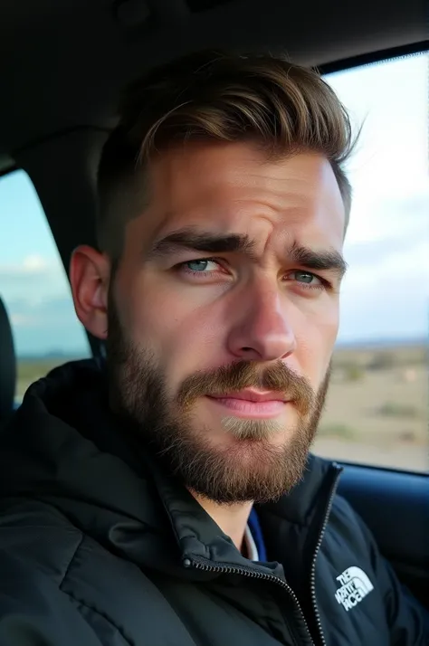 The image shows a young man in a selfie taken inside a car. He has short brown hair, combed up and styled slightly tousled. His face displays a short, well-groomed dark blonde beard. He is dressed in a black jacket that appears to be from the North Face br...