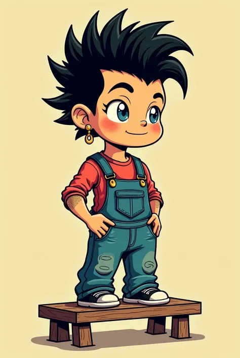  overalls that sit on a bench　 thick outline 　Cartoon　Black Hair　 soft mohawk　Earrings　 standing　Hairy　Transvestite