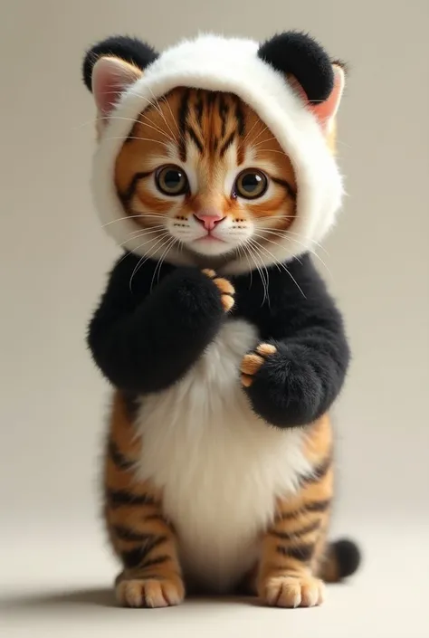  super cute tiger pattern kitten、Standing like a human and wearing a full panda costume。Super photorealistic 