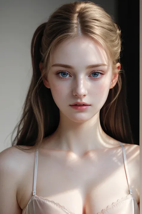 (photorealistic), best compositin, Portrait photo of a breath taking beautiful 18yo American supermodel, pale skin, natural facial skin without make-up, k pop, see through lingerie, big breasts, impressive cleavage, porkies, frontal view, chignon blonde ha...