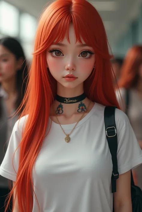 A beautiful young women round face cut and skin tone fair small nose and small light pink lips straight red long hairs and tatoo on our neck written xena standing in school and wearing white stylish tshirt  and standing with other girl