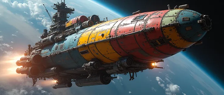 a giant diy dreadnought flying through space, realistic appearance with lots of details like nuts and bolts, rusty parts, spiky scraps, rainbow colors, machine guns on the side, turrets on the side, cannons on the side, rocket thrusters firing at the botto...