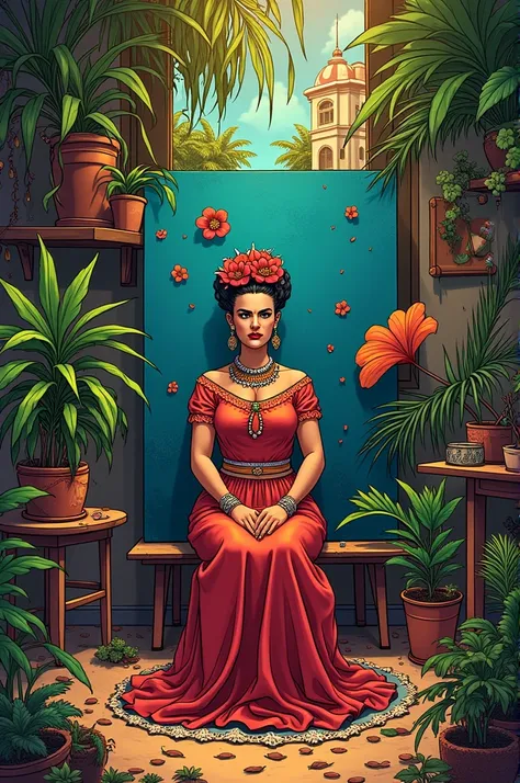  comic book scene by Frida Kahlo:

_Title:_ "The Brush of Life "

_Panel 1:_

[Description:  Frida sits in her studio ,  surrounded by paintings and flowers ]