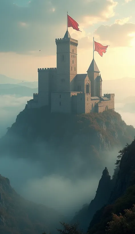 4K HD QUALITY : A wide-angle view of a medieval European castle on a hilltop, surrounded by mist, with banners fluttering in the wind and sunlight breaking through the clouds."
