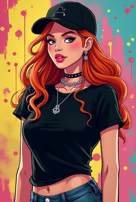 Cool cartoon female pop artist with ginger hair wearing black t shirt and black cap