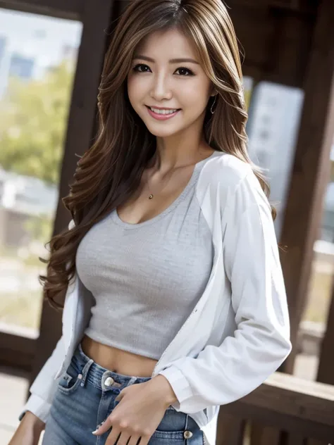  best quality, masterpiece,   ultra high resolution, (Realistic:1.4), Beautiful woman, Clear Grey V-neck Shirt, White G-string,  clevis, (( denim jacket))，   Medium Chest,  thin waist, shiny skin, 魅惑的なsmile, Bokeh, smile,  pubic hair, thick pubic hair, lon...