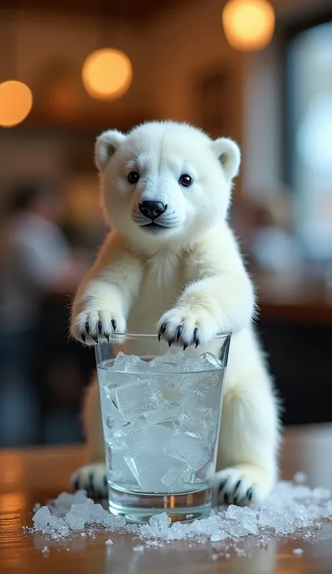 The worlds smallest arctic The worlds smallest polar bear baby ,  is riding on a glass cup filled with water and ice, The background is a cafe, is unquestionably adorable and charming. The photos are very realistic、 miniature polar bears accurately capture...