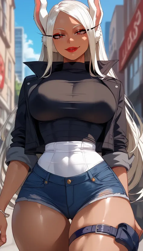  perfect eyes、 perfectly sexy face、ultra detailed、Rumi Usagiyama、boku no hero academia、shiny hair、( Big breasts ), black shirt、black jacket、Tight Waist、thin waist、 dark blue denim shorts、 Thigh straps 、 shiny skin 、 tanned skin 、Beleza、erotic、Red Eyeliner、...