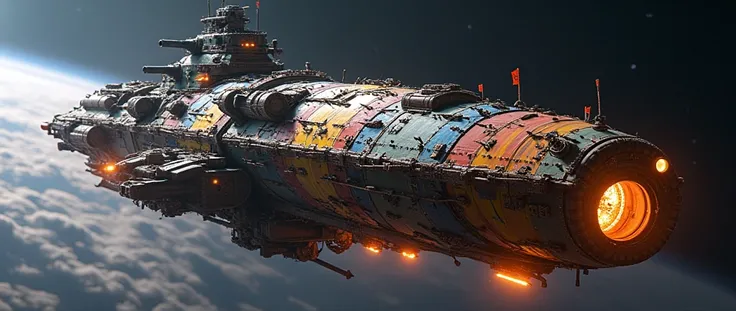 a giant diy dreadnought flying through space, realistic appearance with lots of details like nuts and bolts, rusty parts, spiky scraps, rainbow colors, machine guns on the side, turrets on the side, cannons on the side, rocket thrusters firing at the botto...