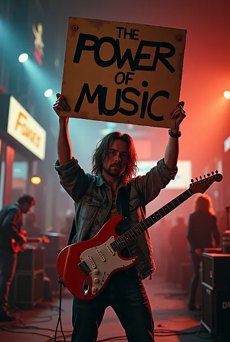 Guitarist holding a sign that says music