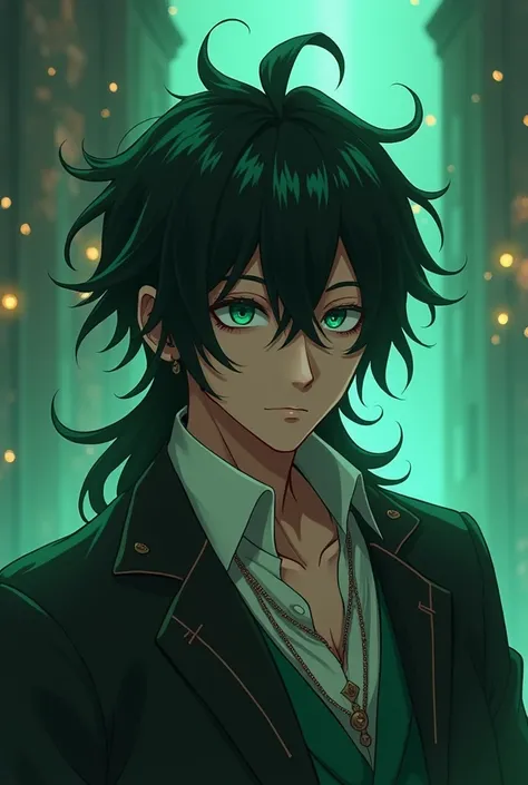 anime.
Slender-eyed emerald man, long messy black hair,  brown skin. with a.