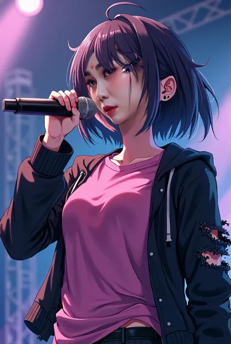 masterpiece, best quality, 1girl, upperbody, jirou, detailed eyes, pink shirt, black jacket, torn clothes, concert, (stage)