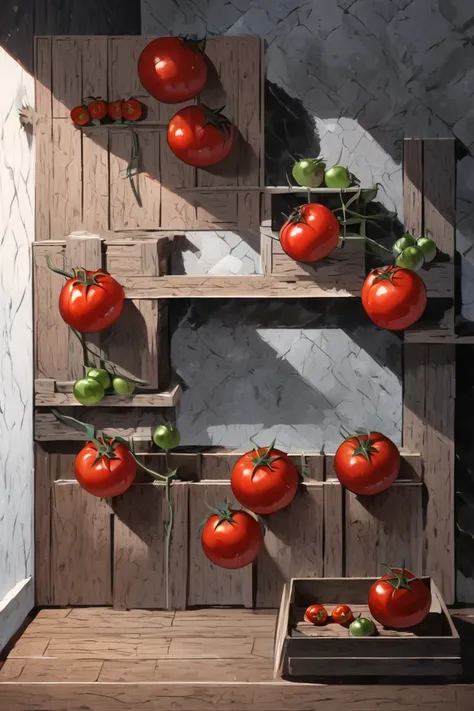 in a corner of the kitchen there are 5 tomatoes on a scale. next to it there is an overturned wooden box and 5 tomatoes scattered around it. describe the situation with an emphasis on form, interweaving, space and composition