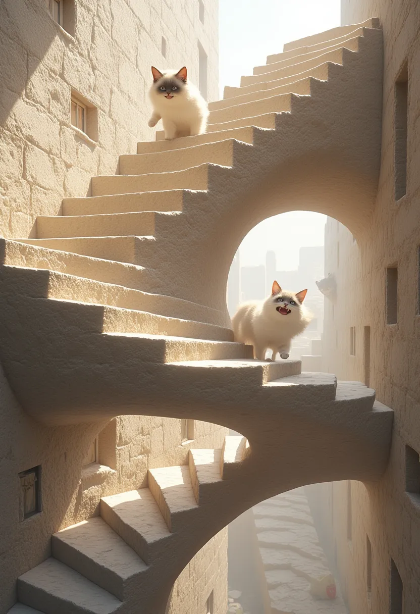 penrose stairs made of very realistic stone, with cute cats happily walking on them, simple background good