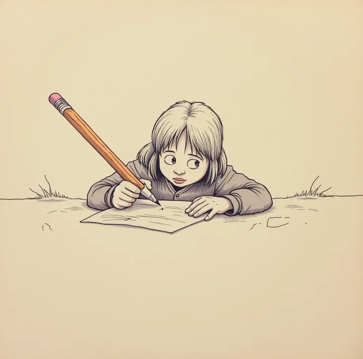 a person holding and writing with a giant pencil
