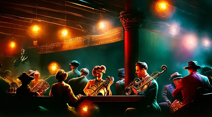 people sitting  in a smoky 1930s jazz bar, humans playing instruments on stage, bright christmas lights, people dancing