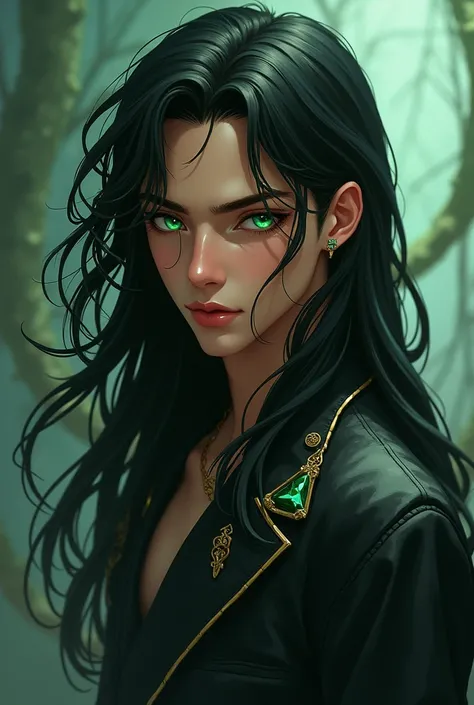 anime.
Slender-eyed emerald man, long wavy black hair,  brown skin. with a.