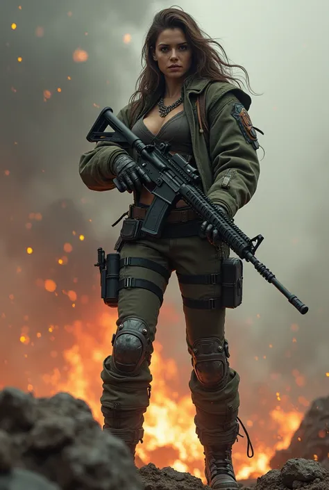 (( The best quality)), (( masterpiece)), (Detailed), woman with massacre , with metal boots, shooting a rifle, ( full body )