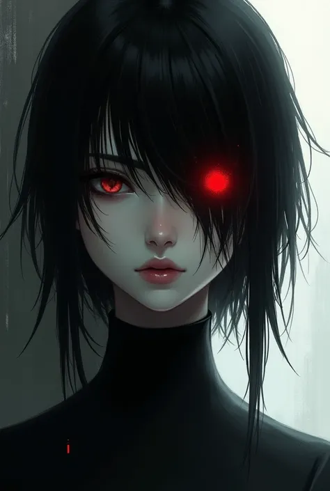 Make a female character that shows bangs and a single red eye
Closer