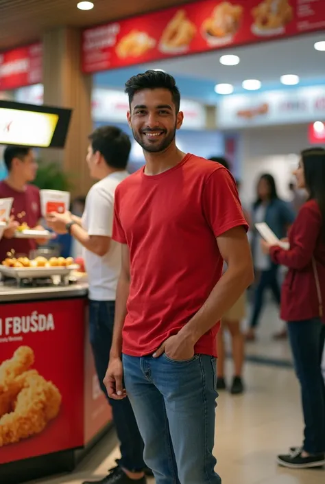  a handsome man indonesian ,  black hair very short red box shirt blue jeans ,  black sneaker ,  he stands smiling face staring at camera hand holding catalog paper next to counter stand display selling krispy chicken on the counter there is stove and tefl...