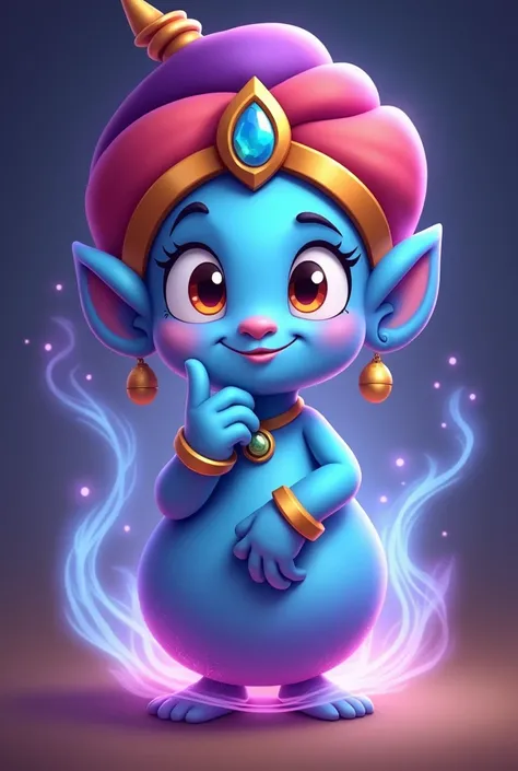 A friendly, cartoon-style genie with a thinking expression and bright, large eyes, in the style of a Cooking Dash character. The genie has a round face, a thinking smile, and wears a colorful turban with a jewel in the center. baby like, and it has a soft,...