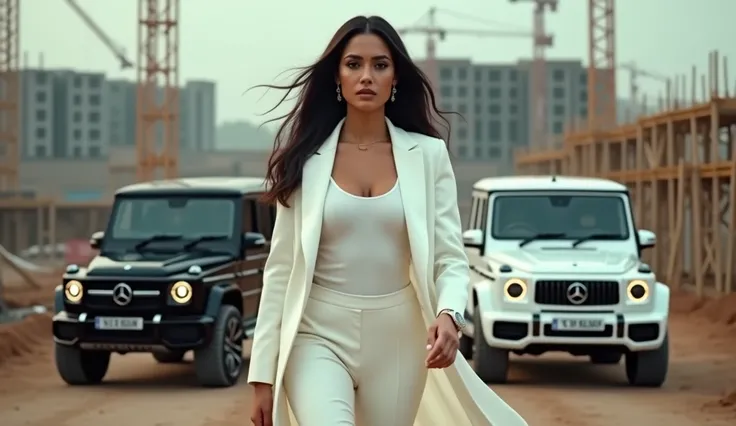 Indian Beautiful Girl in white formal premium pent coat amd white inner t shirt, Rolex watch in hand, pic with muscular bodyguards with guns, and 1 black and 1 white g wagon in the background, background location India industrial construction area, 4k hd d...