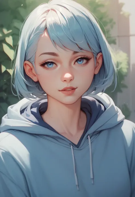  light blue hoodie　wearing hoods　Hair color is navy blue