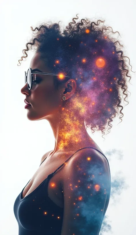 Create a Poster featuring cosmic universe inside the figure of meditating beautifull teenage caucasian girl with sunglasse with curvy curly hair. Create a compelling double exposure photograph that seamlessly merges the presence of a meditating girl and th...