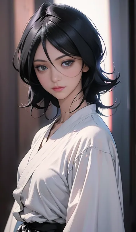 Rukia Kuchiki,1girl,short hair,black hair,Purple eyes,to smile,Looking at the Viewer,black kimono, hair between the eyes,wide sleeves,Visualizer focused,hakama therefore,soft lighting,(best quality,4K,8k,Altas,master part:1.2), ultra-detailed ,(Realistic, ...