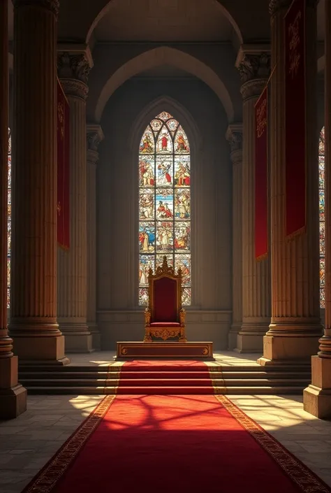 4K HD QUALITY "A grand medieval throne room with towering stone pillars, a red carpet leading to a golden throne, and stained-glass windows depicting scenes of European history."
