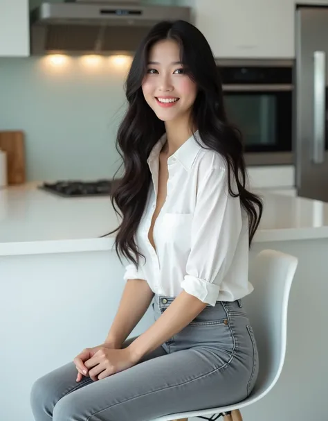 8K HD, Perfect lighting, A beautiful asian woman with long, black hair, pale skin, sexy figure, smiling, Beautiful Teeth, Sexy thighs, dressed in a white button-up shirt, light grey jeans, and beige flats, sitting on a white chair in a modern kitchen with ...